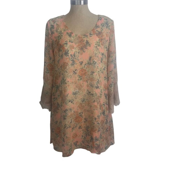 ASTR Pink Vintage Print Fully Lined Pastel Mini Dress with Lace Cuffs SZ M - Picture 4 of 9